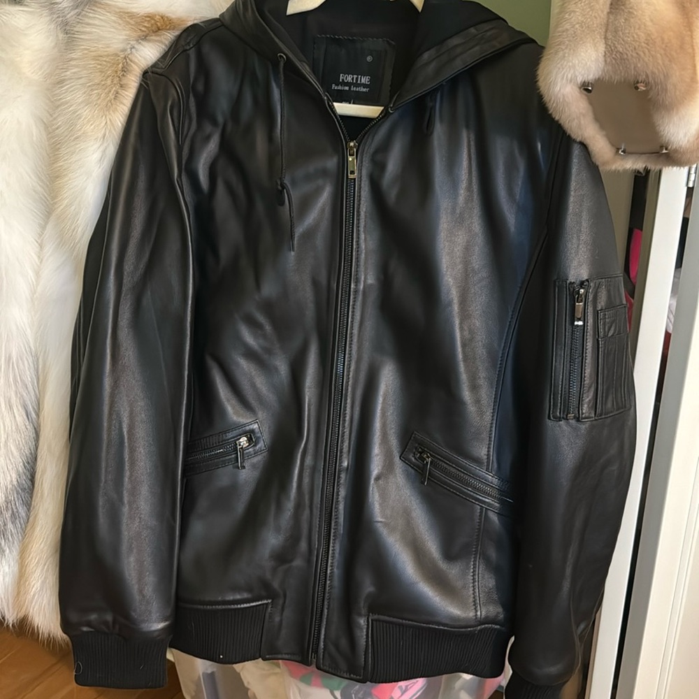 Real genuine sheep leather jacket with hood